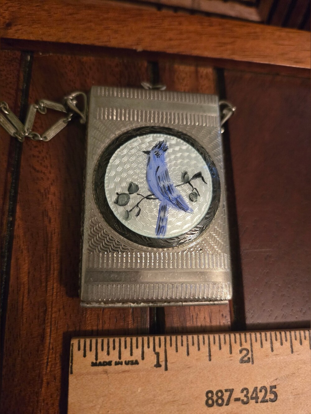 Vintage Guilloche Silver Bluebird Powder Makeup Case Purse